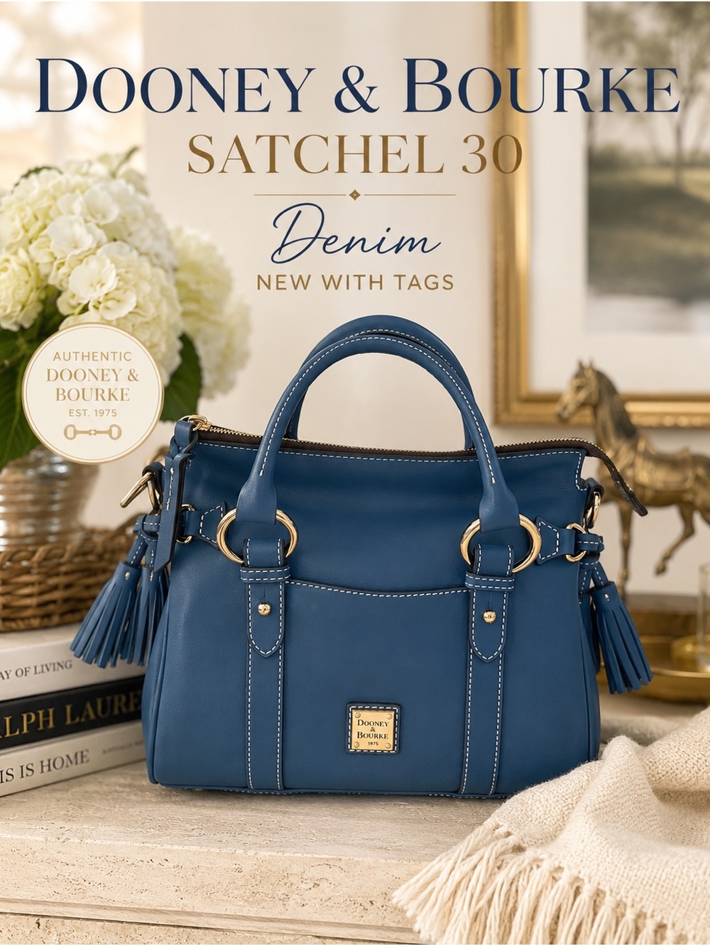 Dooney & Bourke Denim Blue Satchel 30 with Tassels NWT